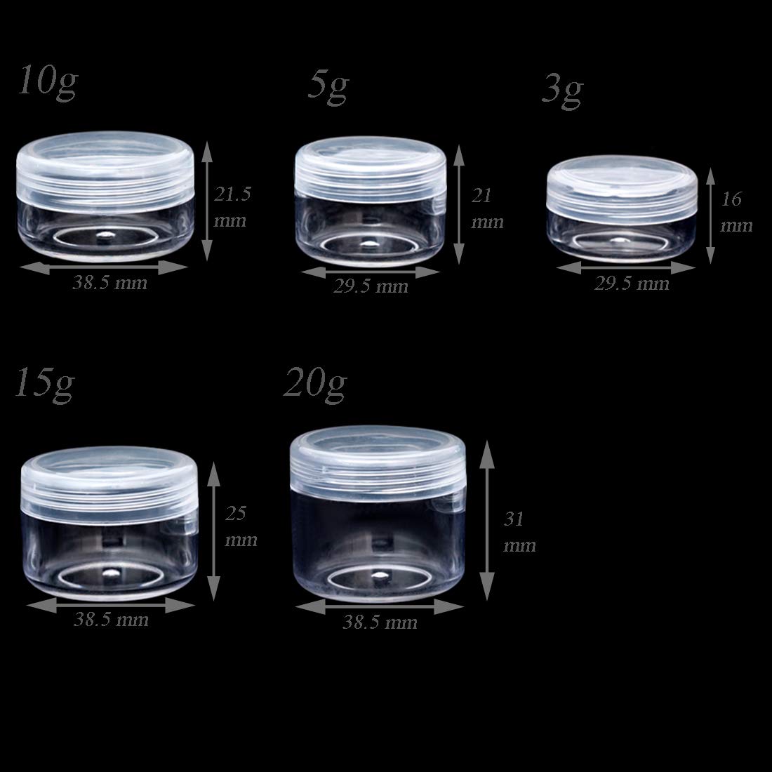 Zejia 10Pcs Small Travel Containers, Clear Sample Containers With Screw Lids, 5 Size 3/5/10/15/20 Gram Sample Jars With 12Pcs La